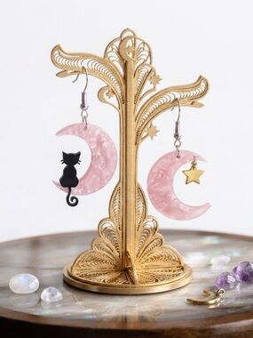 Pink Crescent Moon Cat & Star Drop Earrings